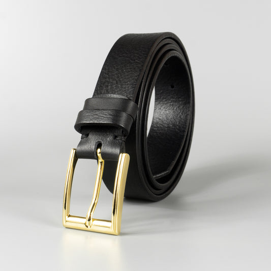 Čierny pánsky kožený opasok do obleku "Black gold" široký 3 cm
